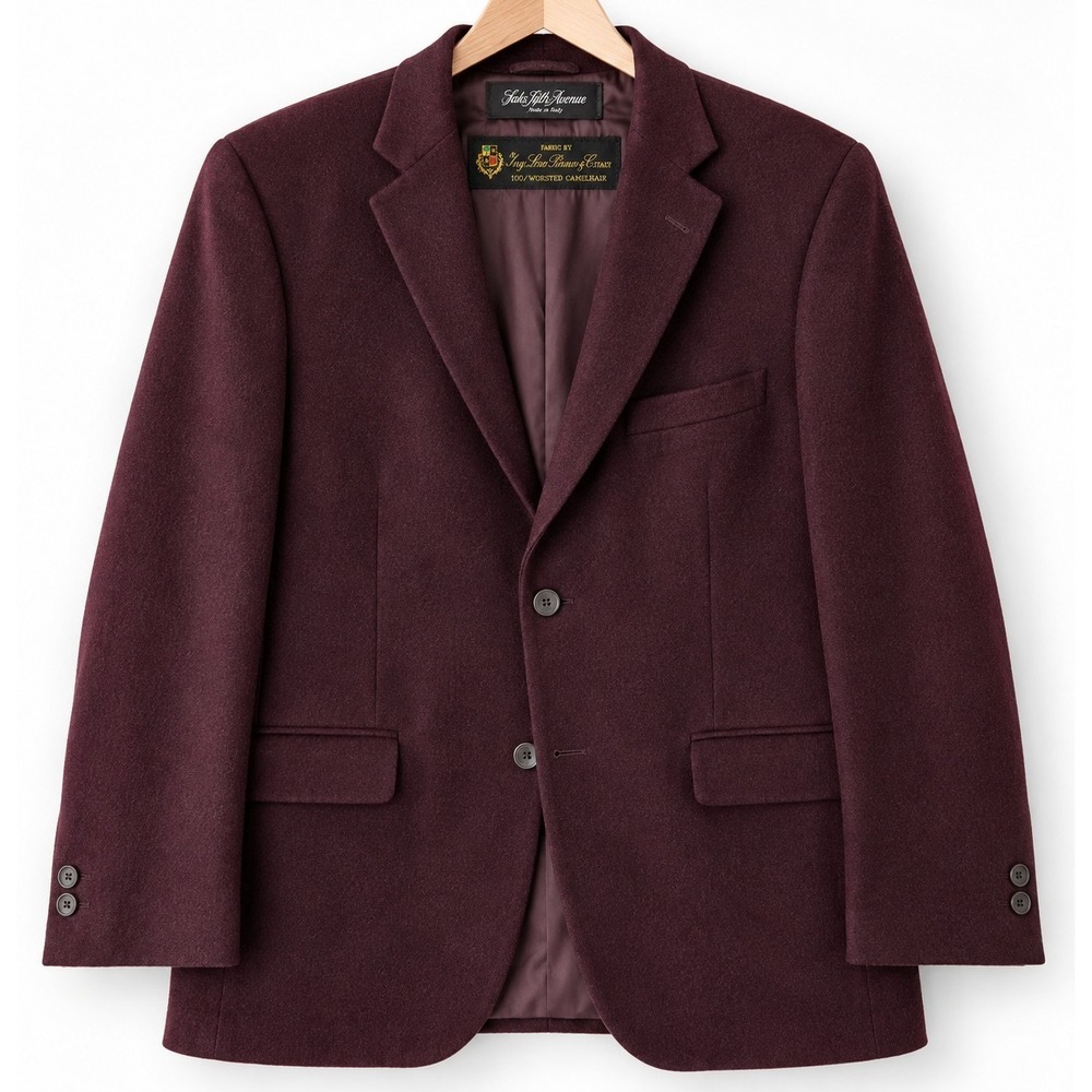 Saks Fifth Avenue Mens L Blazer 100% Camel Hair Loro Piana Burgundy Sport Coat
